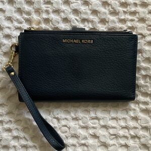 Michael Kors Black Leather Wristlet with Gold Accents